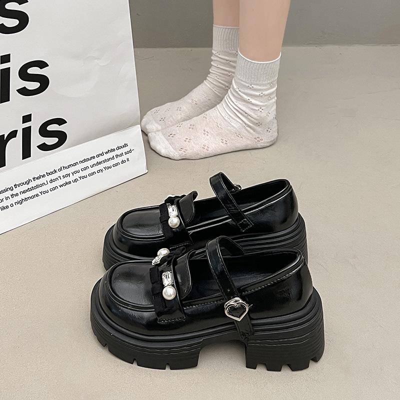 Platform British Style Small Leather Shoes Women's Versatile Single Shoes Bow One-word Buckle Japanese Jk Shoes Heightening Thick Heel Loafers
