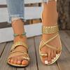 Fashion Ring Toe Gold Flat Sandals for Women Roman Style Braided Strap Summer Slippers Woman Comfortable Non Slip Outdoor Beach Slides