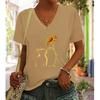 Fashion Cat Sunflower Painting Blouses Short Sleeved V-Neck T Shirts Casual