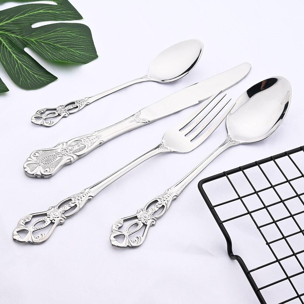 1Pcs Retro Silver Tableware Cutlery Set Silverware Stainless Steel Vintage Luxury Wedding Western Dinnerware Flatware