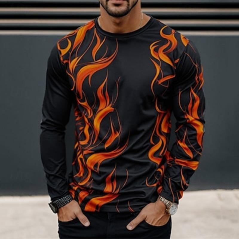 Flame Men's Subculture Style 3D Print T Shirt Fashion Casual Tee Outdoor Holiday Long Sleeve Crew Neck Shirt Spring Fall Clothing Apparel