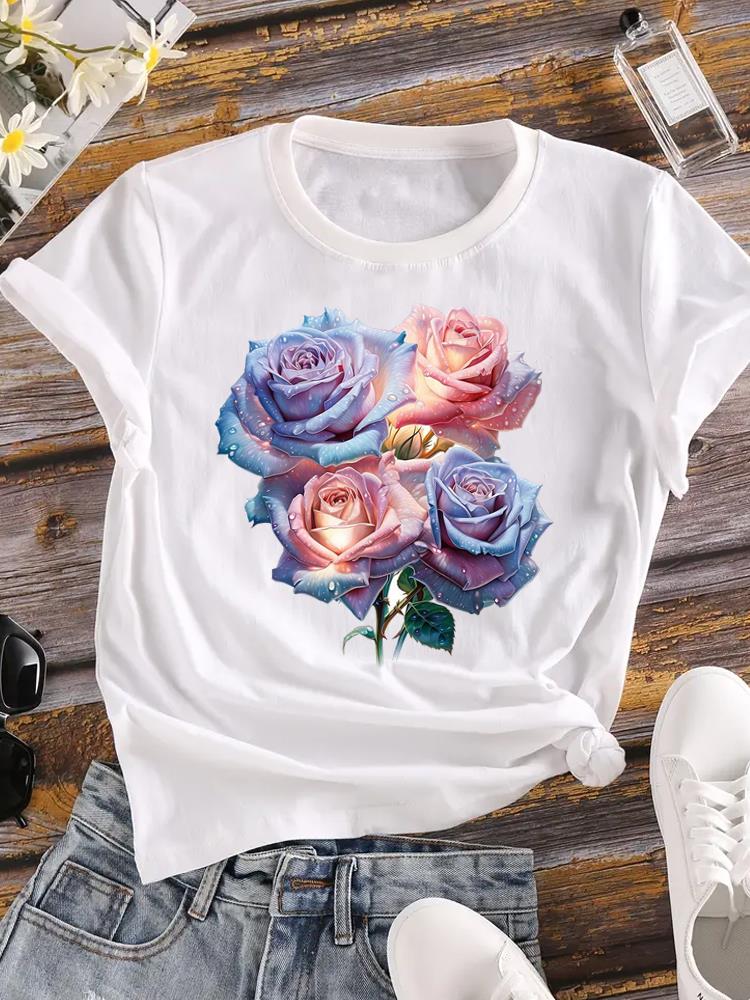 (Asian Size) Clothing T Shirt Love Heart Flower Cute Fashion Ladies Casual Women Tee Top Short Sleeve Print Lady Female Graphic T-shirts