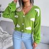 Women Autumn Winter V Neck Long Sleeve Single Breasted Printed Knitted Cardigan Sweater