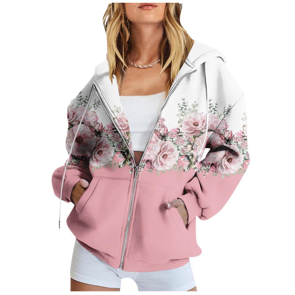 Women's Long Sleeve Printed Sweatshirt Long Sleeve Pocket Jacket Zipper Hoodie Coat Autumn