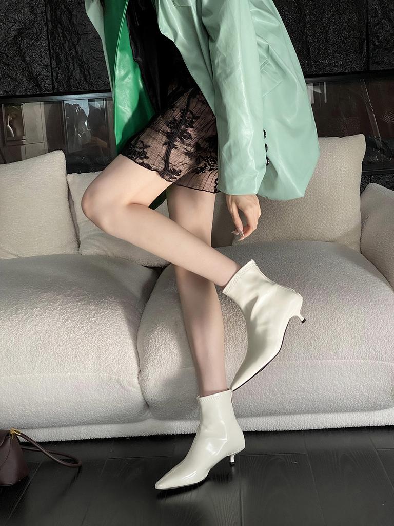 Fashion Pointed Toe Women Ankle Boots Sock Stretch Shoes Thin Mid Heels Black Beige Brown Fashion New Arrivals Party Pumps 35-39 Dress