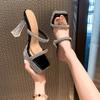 Rhinestone Sandals Women's Shoes 2025 Summer Trend Square Toe Crystal Heel Slippers Simple Shiny Vacation with Skirt