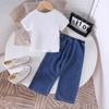 Girls' Fashion Set: Summer Children's Bow Print Short-sleeved T-shirt + Denim Trousers