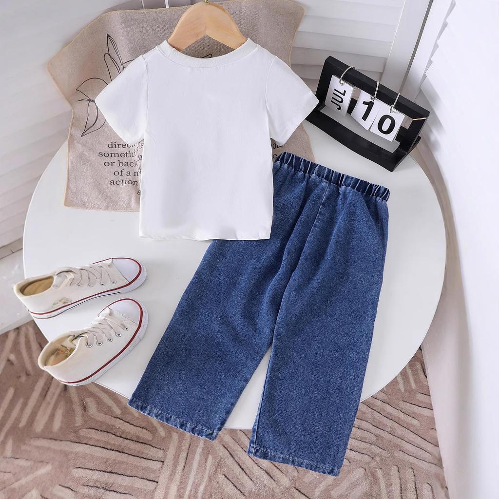 Girls' Fashion Set: Summer Children's Bow Print Short-sleeved T-shirt + Denim Trousers