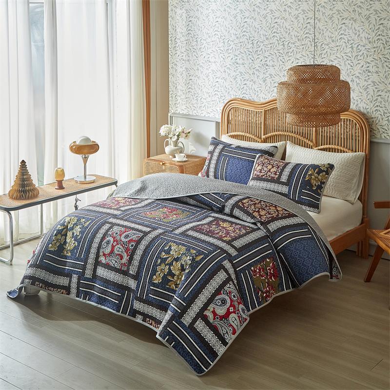3pcs Set Ultrasonic Wash Cotton Printed Pastoral Quilted Bedspread Soft Breathable Bedsheet with 2 Pcs Pillowcase