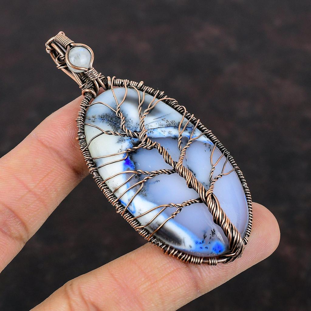Подвеска из голубого дендрита и опала «Дерево жизни», обернутая медной проволокой, подвеска из драгоценного камня с радужным лунным камнем, медная бижутерия, подвеска ручной работы, подарок для мамы