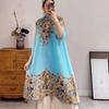 Ethnic Wind Printed Pleated Dress Spring and Summer New Fashion Foreign Air Large Size Thin Age-sen Long Sleeve Long Skirt