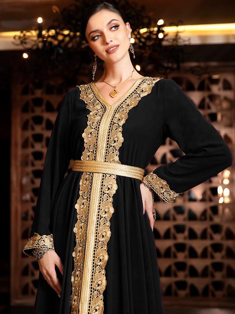New V-neck Double-layer Chiffon Irregular Dress Stitching Lace Middle East Saudi Arabian Women's Clothing