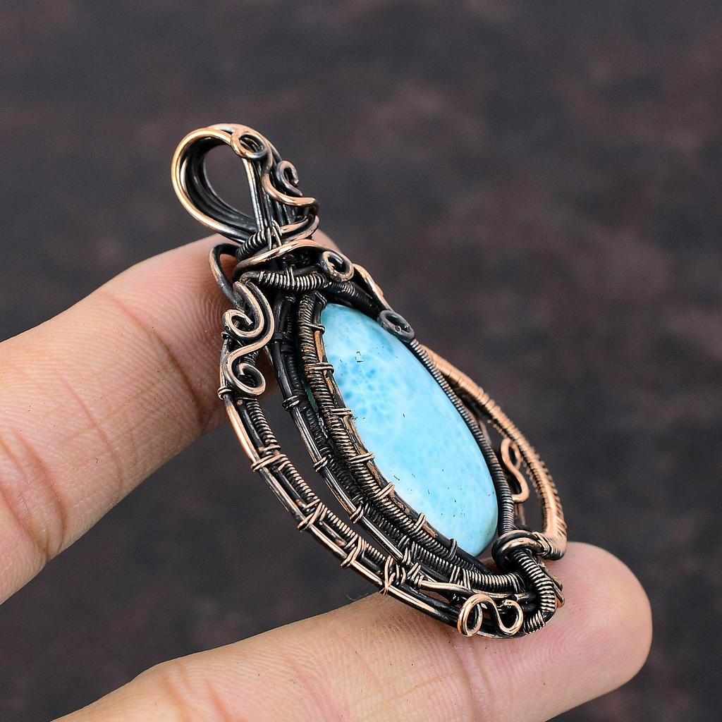 Larimar Pendant Copper Wire Wrapped Pendant Natural Gemstone Pendant Copper Jewelry Handmade Pendant Wire Wrap Larimar Jewelry Gift For Him