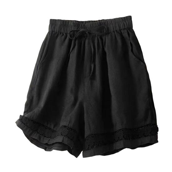 Women's Loose Boho Summer Shorts Drawstring Comfy Elastic Waist Shorts High-Waisted Wide-Leg Hollow Floral Lace Shorts