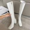 Fashion Blue Winter Knee High Shaft Square Toe White Long Footwear Shoes For Women Elegant Heeled Ladies Heels With Stylish Boots