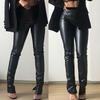 Womens Solid Elastic Waist Casual Trousers Sexy Leather Tight Leggings Pants