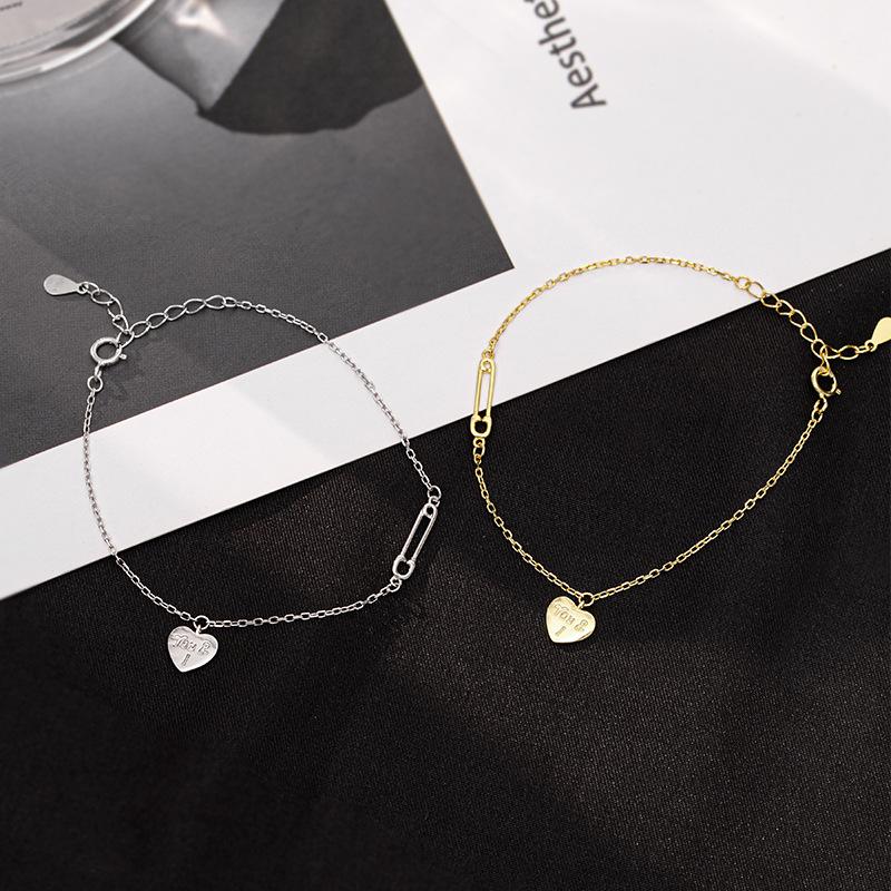 S925 Sterling Silver Gold-plated Simple Heart-shaped Bracelet with Versatile Temperament English Love Pin Extremely Fine Hand Jewelry