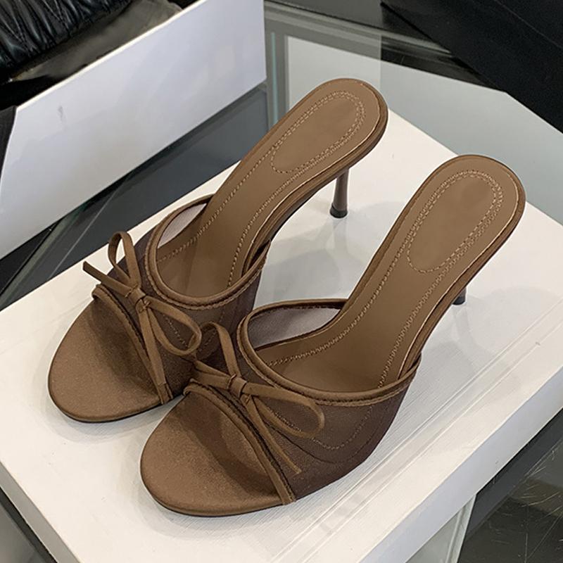 Fashion Liyke Brand Designer High Heels Slippers for Women Fashion Lace Bow Mesh Summer Sandal Female Party Dress Shoes Zapatos De Mujer