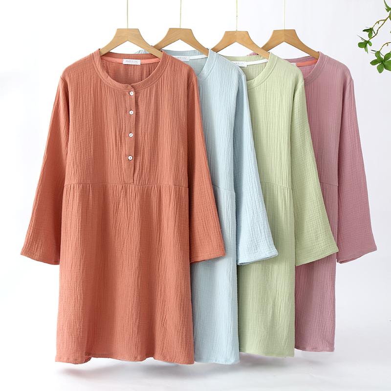 Spring and Autumn Women's Long Sleeve Nightdress 100%Cotton Crepe Round Neck Button Solid Color Dress Home Dress Nightgown Dress
