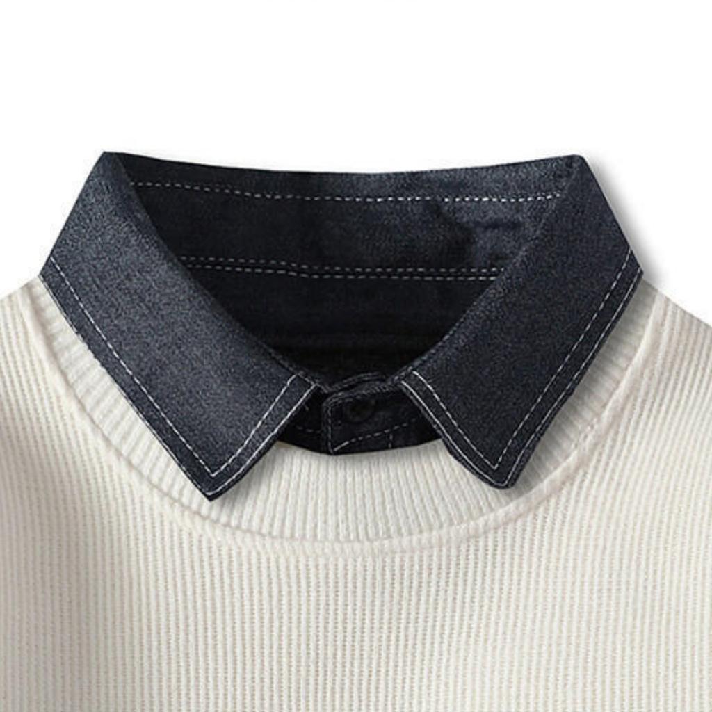 Men's Casual Patchwork Fake Two-piece Knitted Inner Layer Sweater, Men's Fleece Warm Lapel Sweater