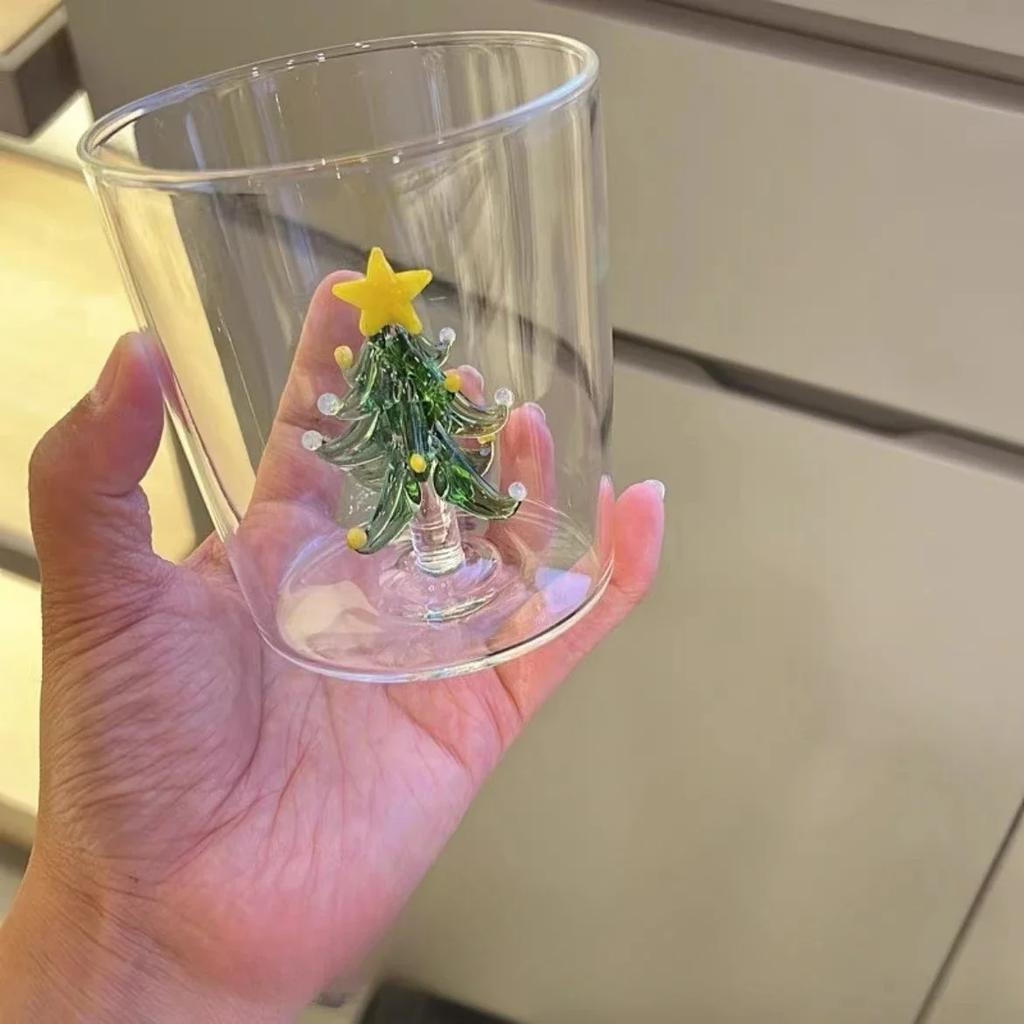 300ML Glass Water Cup with 3D Christmas Tree Rose Decoration For Daily Party Drinking Glasses Coffee Milk Mug Lover Gifts