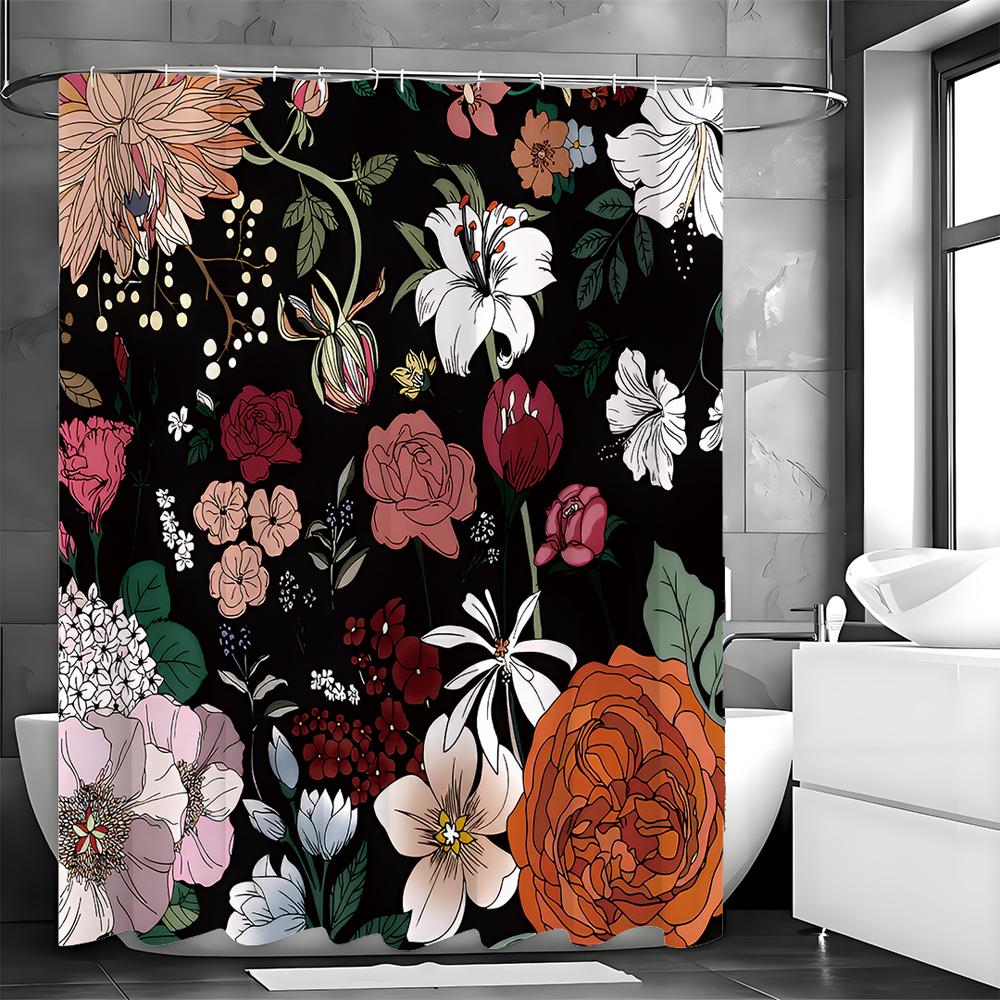 Floral Plant Shower Curtain, Bathroom Decorative Shower Curtain, Waterproof Shower Curtain with Hooks