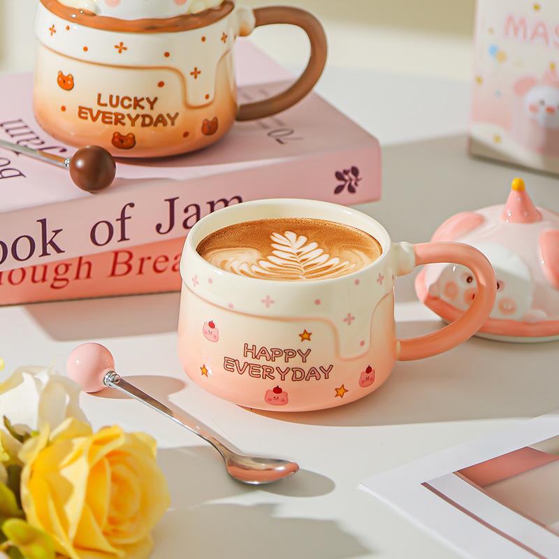 Household Drinking Cup Ceramic Coffee with Lid Mug Girl High Looking Birthday Gift Souvenir Cute