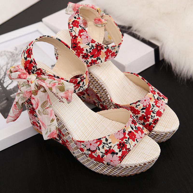 Sandals for Women Wedges Heel Bow Super-high Print Woman Shoes Korea On Offer Sandal Sales 2025 Luxury The Best Wholesale Shoe