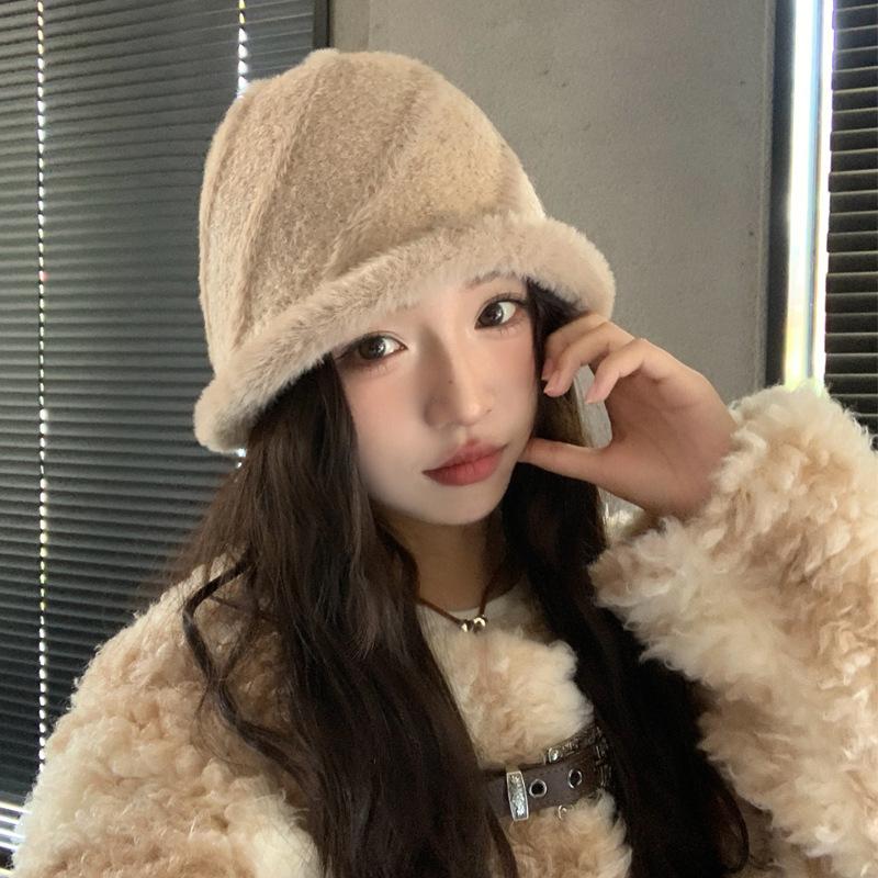 Plush Bucket Hat Women's Big Head Circumference Basin Hat Fashionable Versatile Winter Warm Bucket Hat