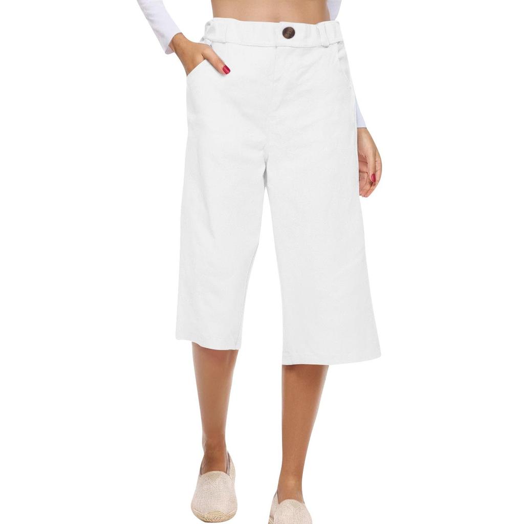 Women's Solid Color Cotton And Linen Fashionable Loose High Waist Cropped Casual Pants