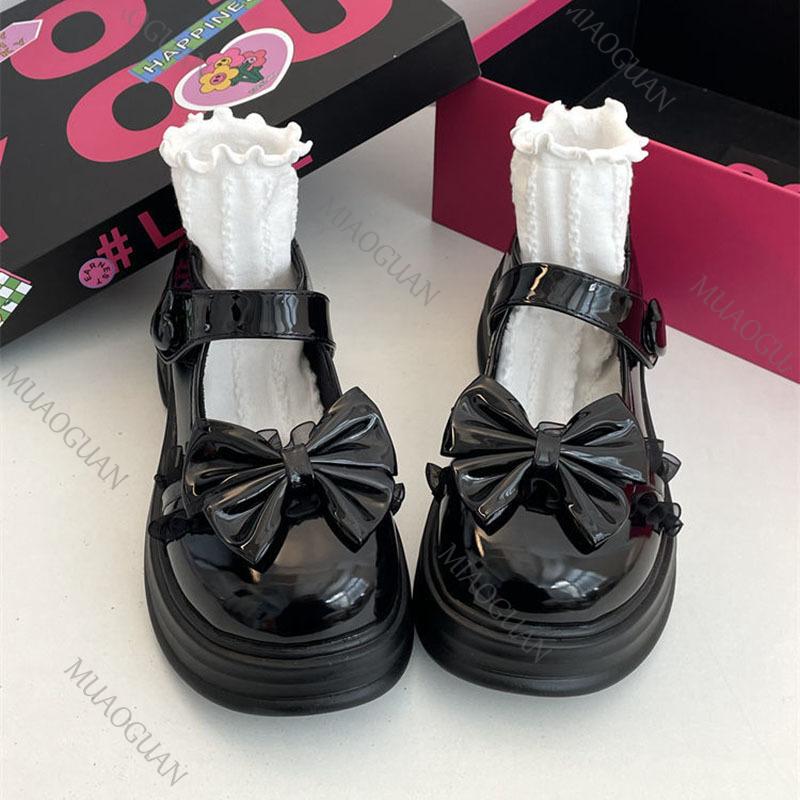 Fashion Cute Bow Round Head Leather Mary Jane Shoes Versatile Thick Bottom JK Uniform Lolita Shoes for Women Casual Thicke Heel Loafers