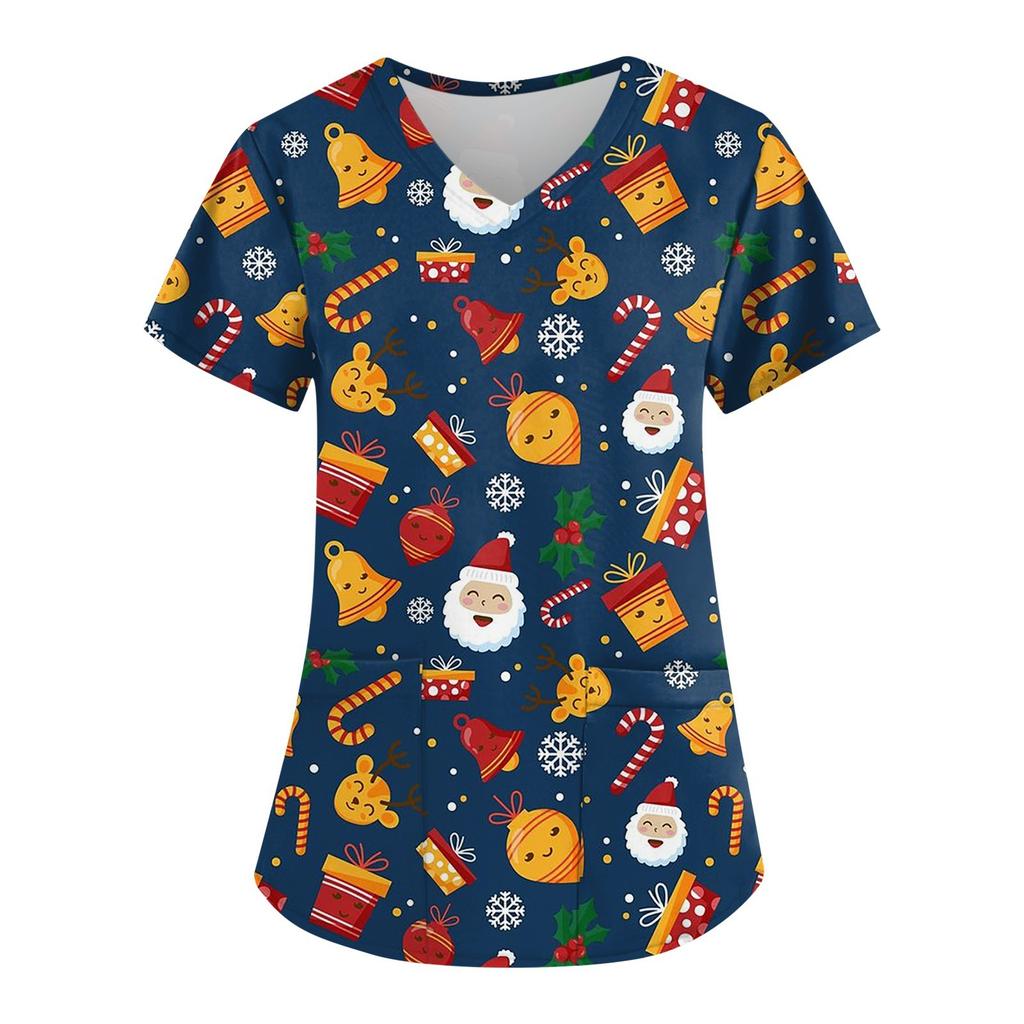 Women's Fashion Christmas Printed Short Sleeve V-Neck Top Small Pocket Work T-Shirt