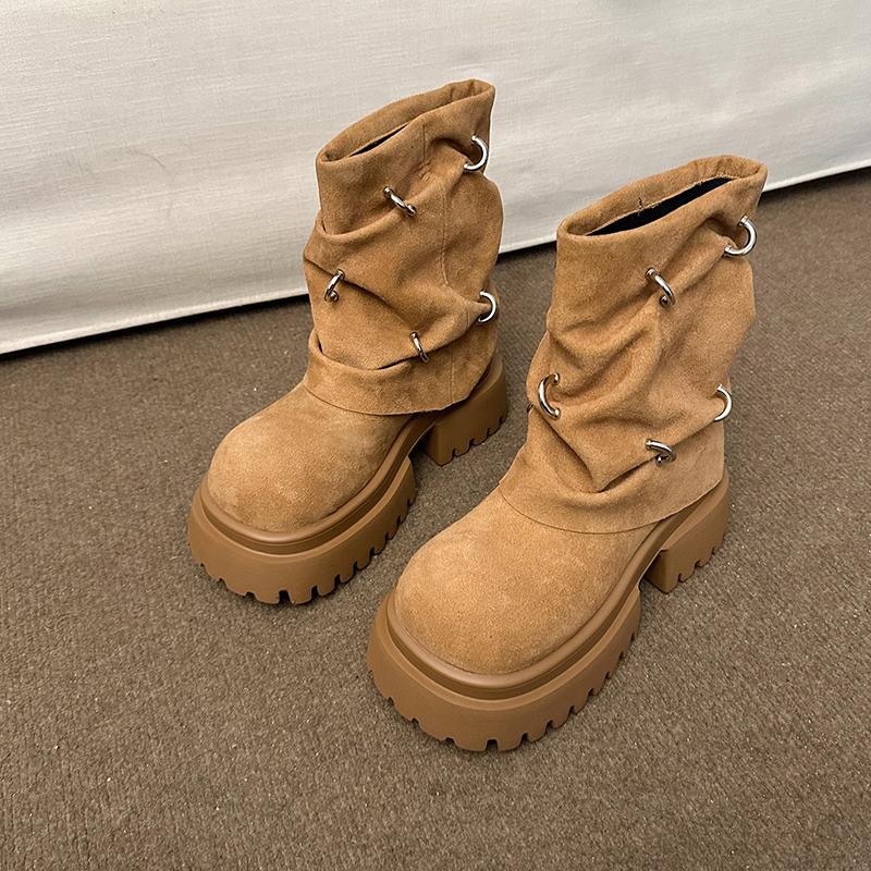 Autumn Winter Thick High Heels Women Mid Calf Boots 2025 Hot Sale Gothic Calves Motorcycles Boots Buckle Comfy Walking Boots