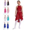 Kids Girls Lyrical Latin Dance Dress Sleeveless Sparkling Rhinestone Ruched Leotard Dancewear for Modern Dance