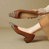 Fashion 2025 New Spring Women Pumps Square Toe Chunky Heel Genuine Leather Women Shoes Shallow Ladies Leopard Ladies Shoes