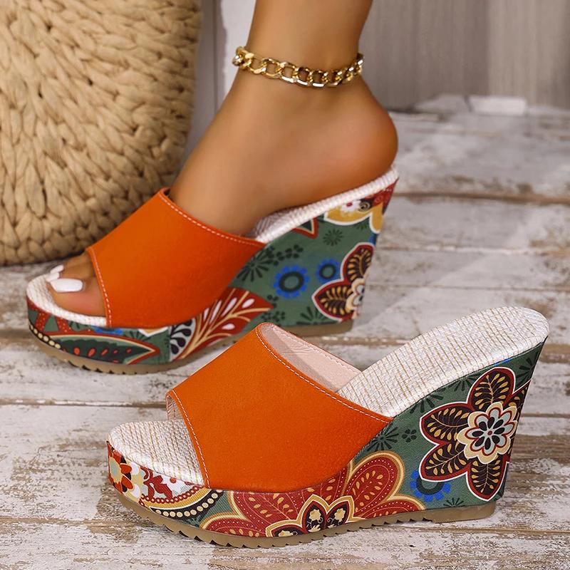 Fashion Floral Print Wedge Heel Sandals for Women Summer 2025 Ethnic Style Chunky Platform Slippers Woman Thick Bottom Peep Toe Slides