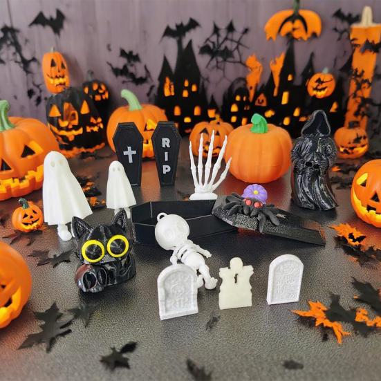 20 Pcs/Set Halloween Miniatures Mini Grim Reaper Skull Figurines Miniature Casket Pumpkin Ornaments for Home Desktop Decoration