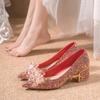 Large Size Chinese Wedding Shoes Bridal Shoes New Crystal Sequined Wedding Show Heel Pointed Single Shoes