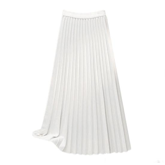 Women Maxi Skirt Elastic High Waist Pleated Skirt Solid Color Smooth Satin A-Line Skirt Work Leisure Wear