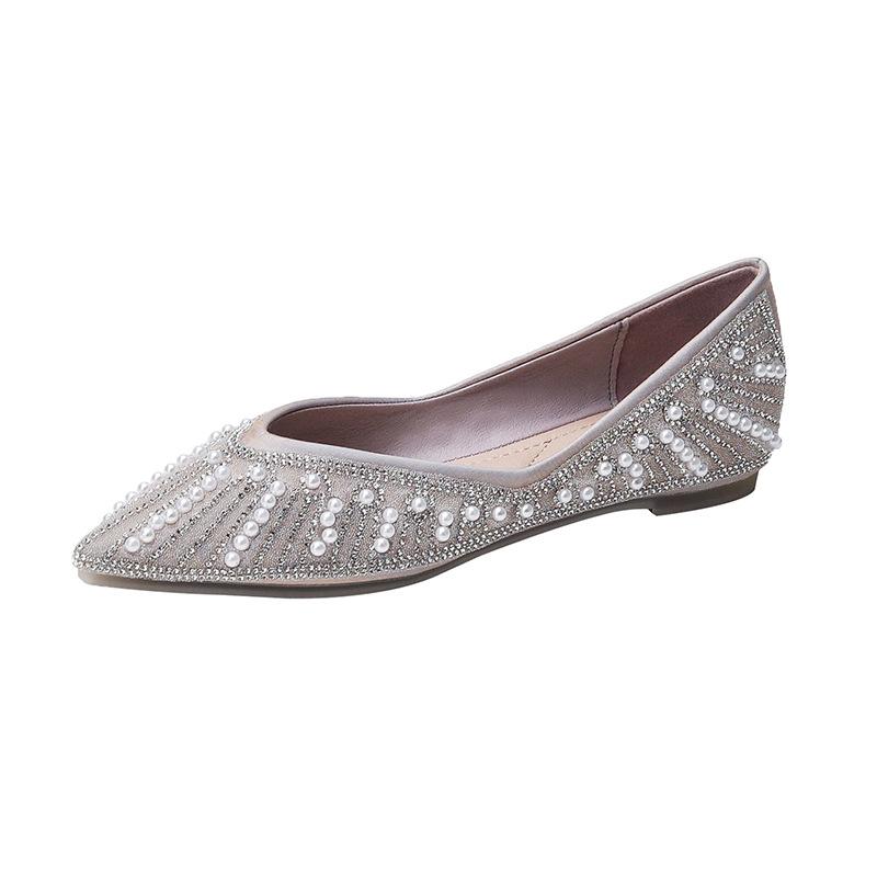 2025 Summer Korean Version Soft-soled Pointed Flat-soled Single Shoes, Pearl Rhinestone Shallow Mouth Laden Shoes, One Pedal Doudou Shoes Women