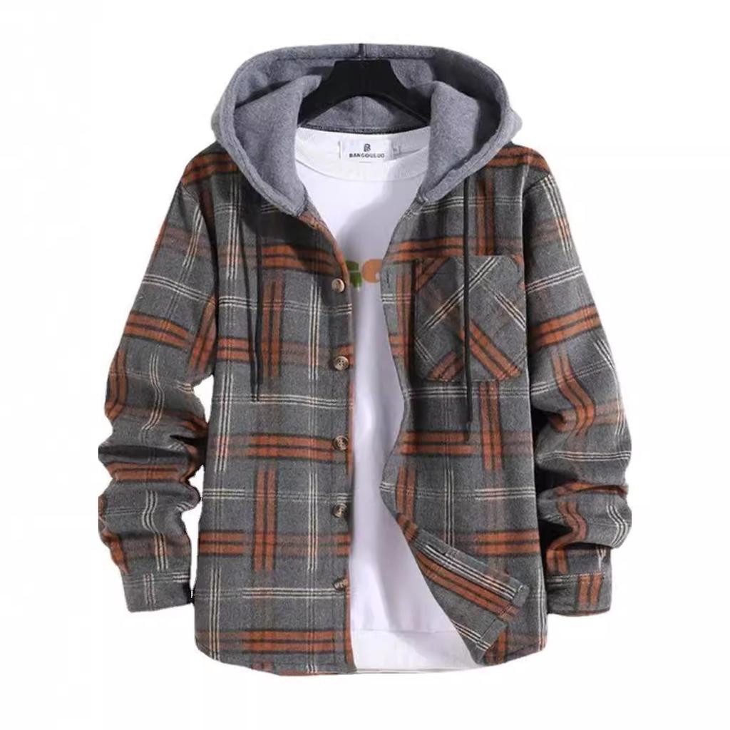 Men's Plaid Long Sleeve Hooded Jacket, Warm Fashion Casual Fall Coat