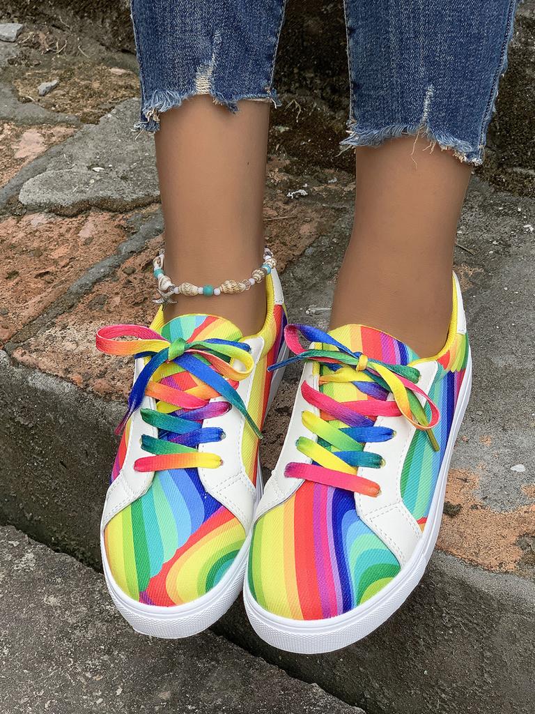 2023 Autumn New Street Rainbow Fashion Casual Trendy Shoes Autumn Color Gradient Women's Sports Single Shoes