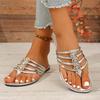 Women's Outer Wear Sandals and Slippers Summer New Round Toe Clip Toe Plus Size Flat Rhinestone Beach Flip-On Slippers