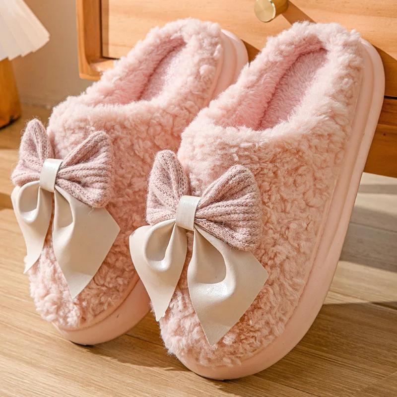 Winter Plush Bowknot Slippers Women  Korean Christmas New Year Warm Soft Home Indoor Casual Flat Bottom Slippers Gift Shoes