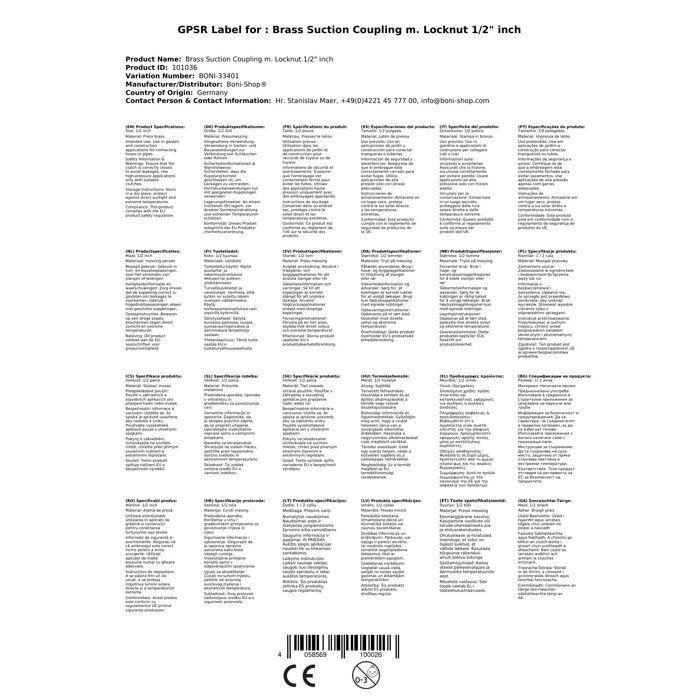 Raccord d'Aspiration en Laiton 1/2 Pouce avec Contre-Écrou