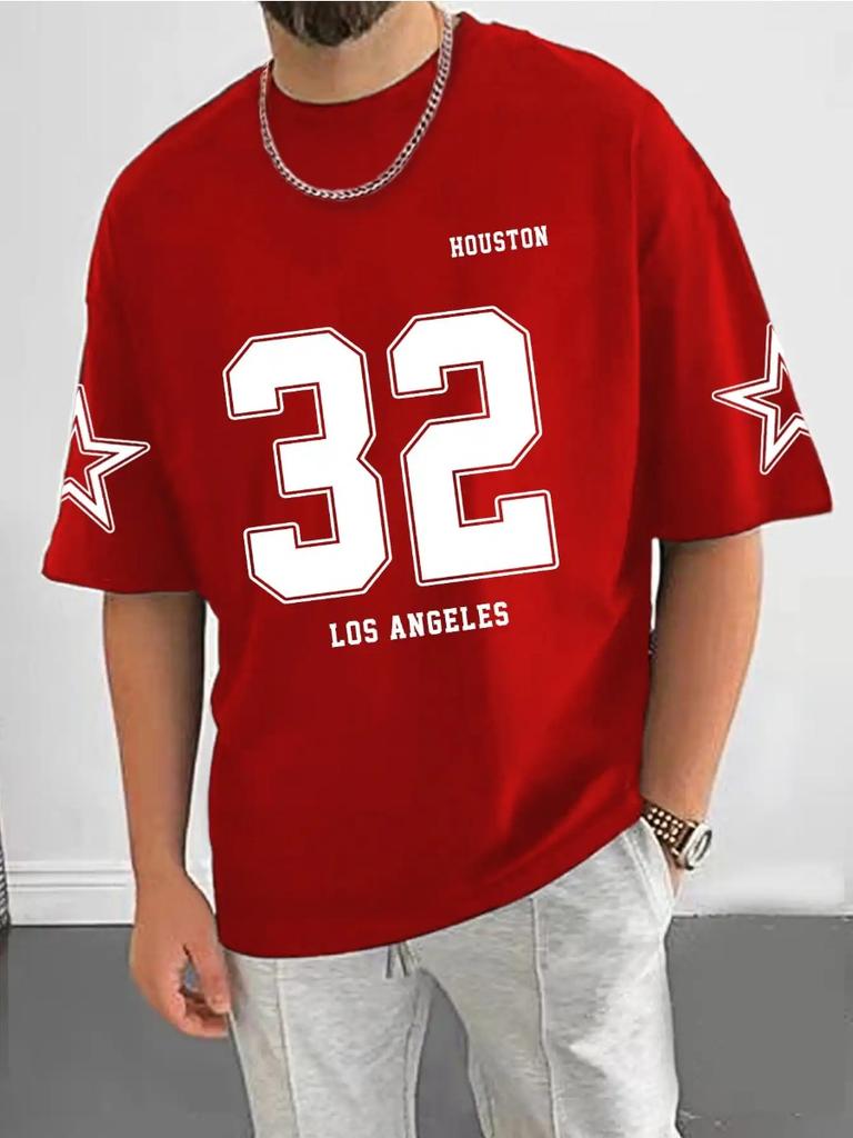Los Angels Under The Classic Letter 32 Print T Shirt Man O-Neck Loose Short Sleeved Breathable Soft Tops Street Harajuku Tshirt