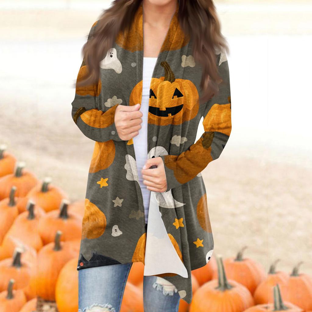 Women's Fashion Casual Halloween Printed Mid-Length Irregular Hem Cardigan Jacket