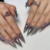 Y2K Dark Punk Style Wearable Nail Patches with Flashy Diamonds, Year of the Snake Design, Butterfly Art, Extra Long Pointy Fake Nails.