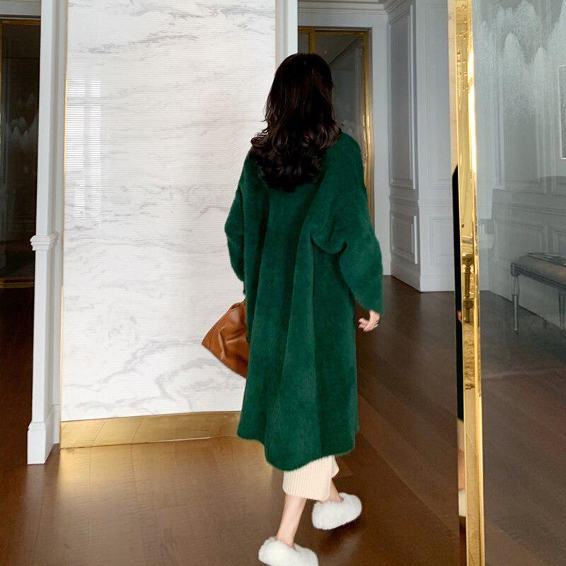 Women Solid Faux Fur Coat Lady Thick Outwear Winter Warm Long Coat Female Elegant Green Overcoat