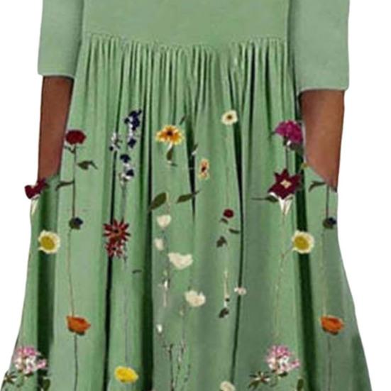Women's Summer Flowy Midi Dress Boho Floral Pleated Dress with Pockets Casual Half Sleeve Crew Neck Swing Dress